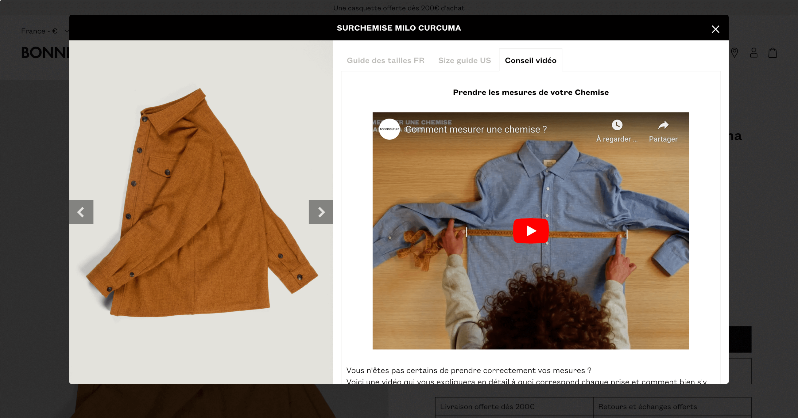 page produit e-commerce suite des tailles - Bonne Gueule